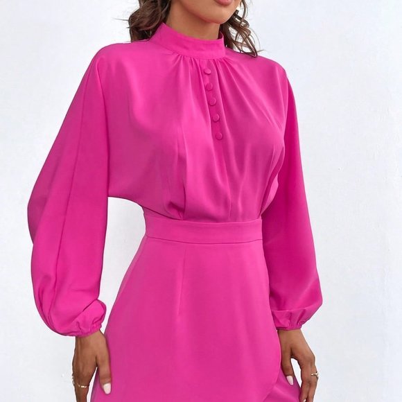 Pink Preppy Womens Mock Neck Lantern Sleeve Wrap Hem Dress - Picture 6 of 6